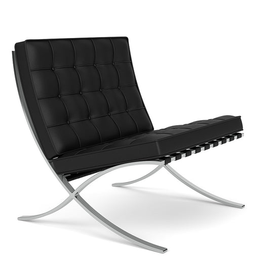 Comfortable Barcelona Chair in Black Leather - Mies Van Der Rohe Replica