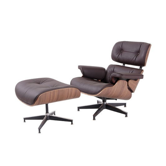 Charles Eames Lounge Chair and Ottoman Replica - Brown with Walnut Wood, Chrome Base