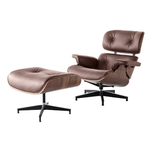 Classic Charles Eames Lounge Chair and Ottoman Replica in Tan Brown Leather with Walnut, Normal Base