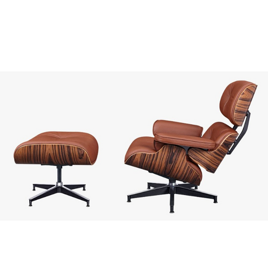 Classic Charles Eames Lounge Chair and Ottoman Replica in Tan Brown Leather with Rosewood, Normal Base