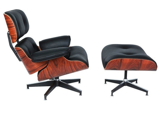 Eames Style Natural Wood Lounge Chair and Ottoman - Black