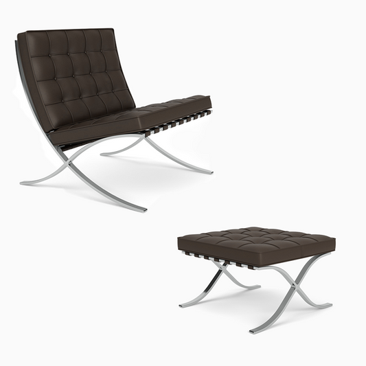 Comfortable Barcelona Chair and Ottoman Set in Chocolate Brown Leather - Mies Van Der Rohe Replica