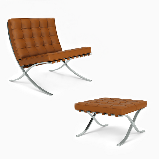 Comfortable Barcelona Chair and Ottoman Set in Tan Brown Leather - Mies Van Der Rohe Replica