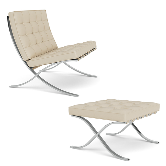 Comfortable Barcelona Chair and Ottoman Set in Cream Leather - Mies Van Der Rohe Replica