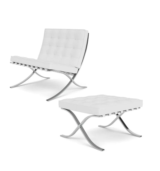 Premium Barcelona Chair and Ottoman White – Mies Van Der Rohe Replica